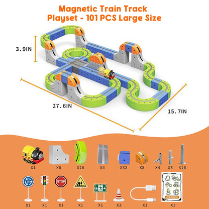 SaveJoy Magnetic Car Toys, 126PCS DIY Race Car Track Building Kit with Electric Train & Traffic Signs,Educational Flexible Tracks Birthday for 3-8
