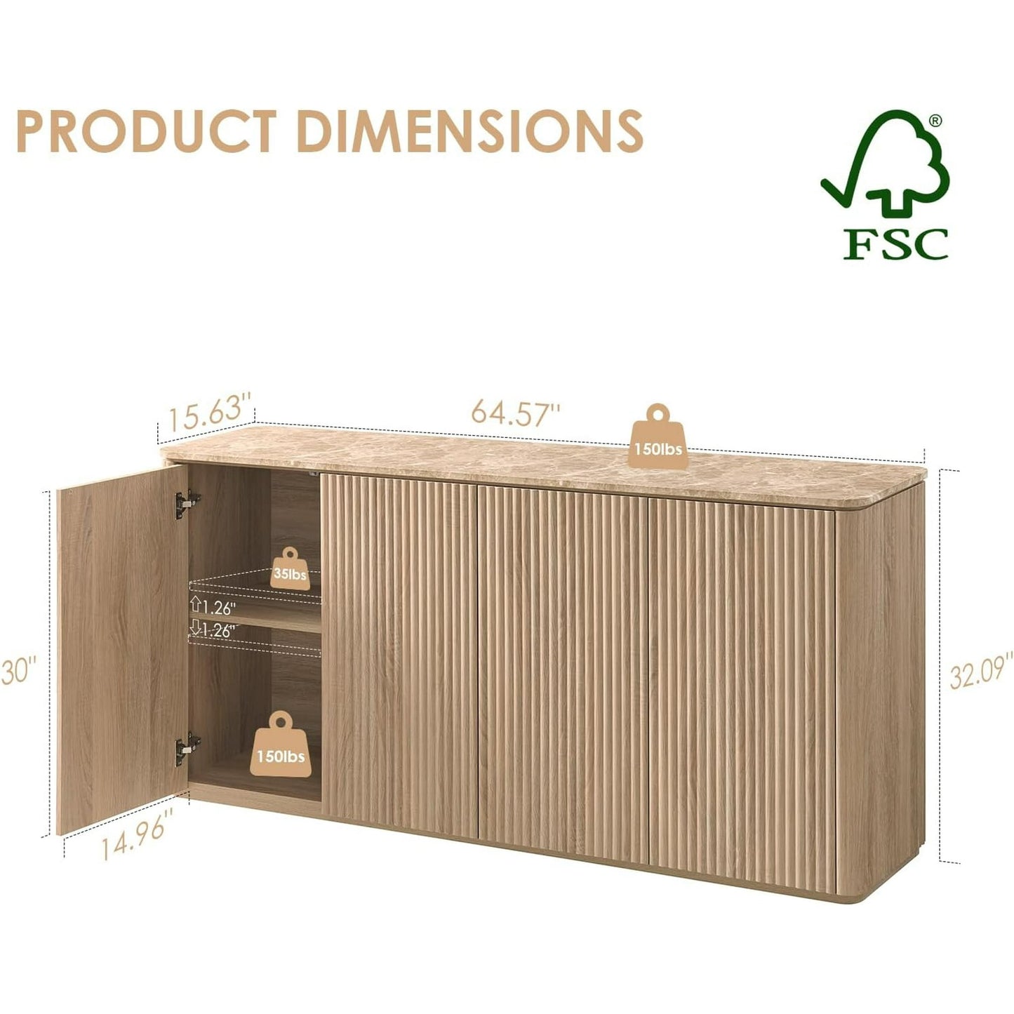 Sideboard Buffet Cabinet with Storage, Hvoonc 4 Doors 65'' Fluted Credenza Kitchen Cabinet Storage with Adjustable Shelves for Living Room, Entryway, Kitchen, Natural Oak