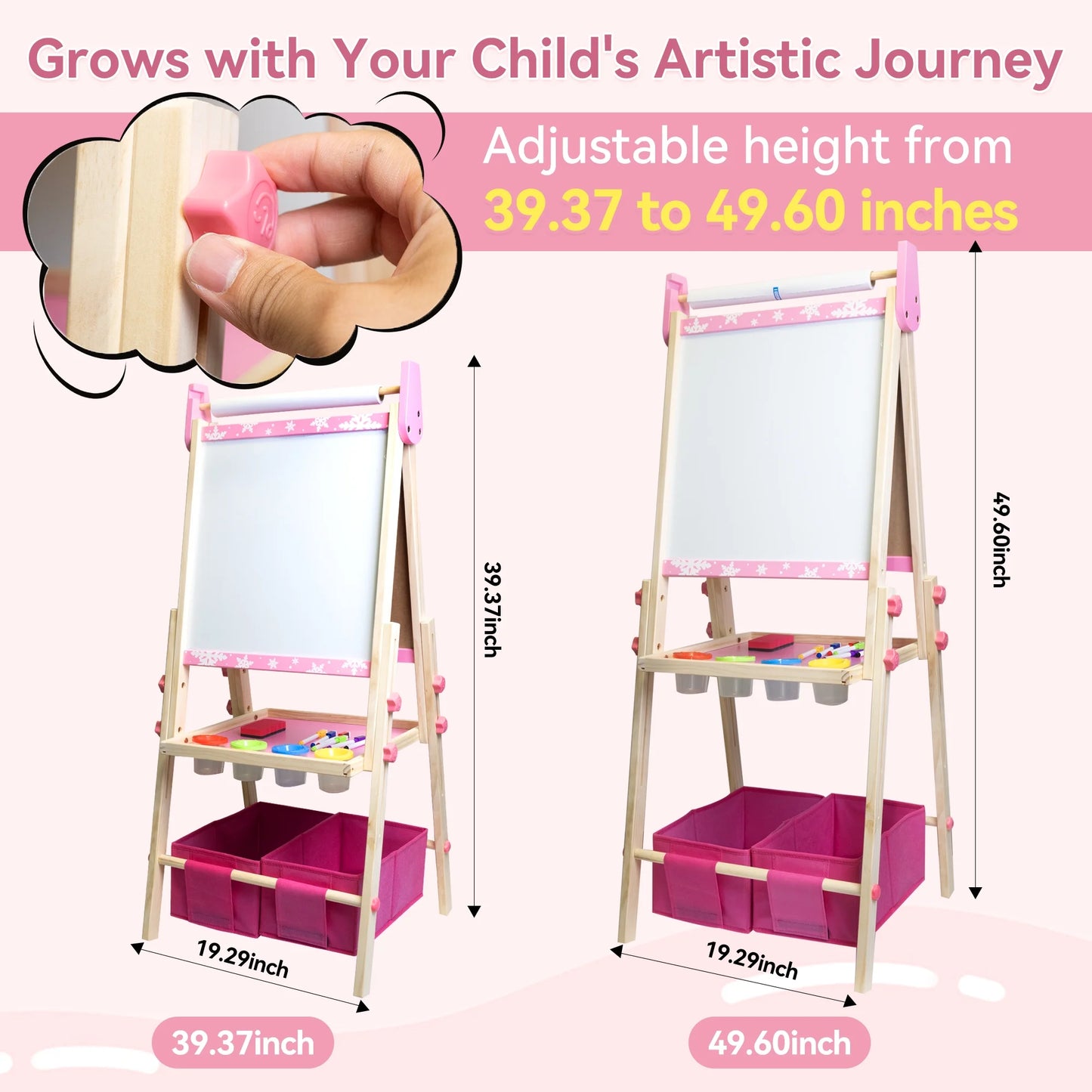 SaveJoy 3-in-1 Wooden Double Sided Kids Art Easel,Magnetic Whiteboard, Chalkboard and Paper Roll,Adjustable Standing Drawing Board with Accessories for Boys & Girls，Pink