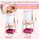 SaveJoy 3-in-1 Wooden Double Sided Kids Art Easel,Magnetic Whiteboard, Chalkboard and Paper Roll,Adjustable Standing Drawing Board with Accessories for Boys & Girls，Pink