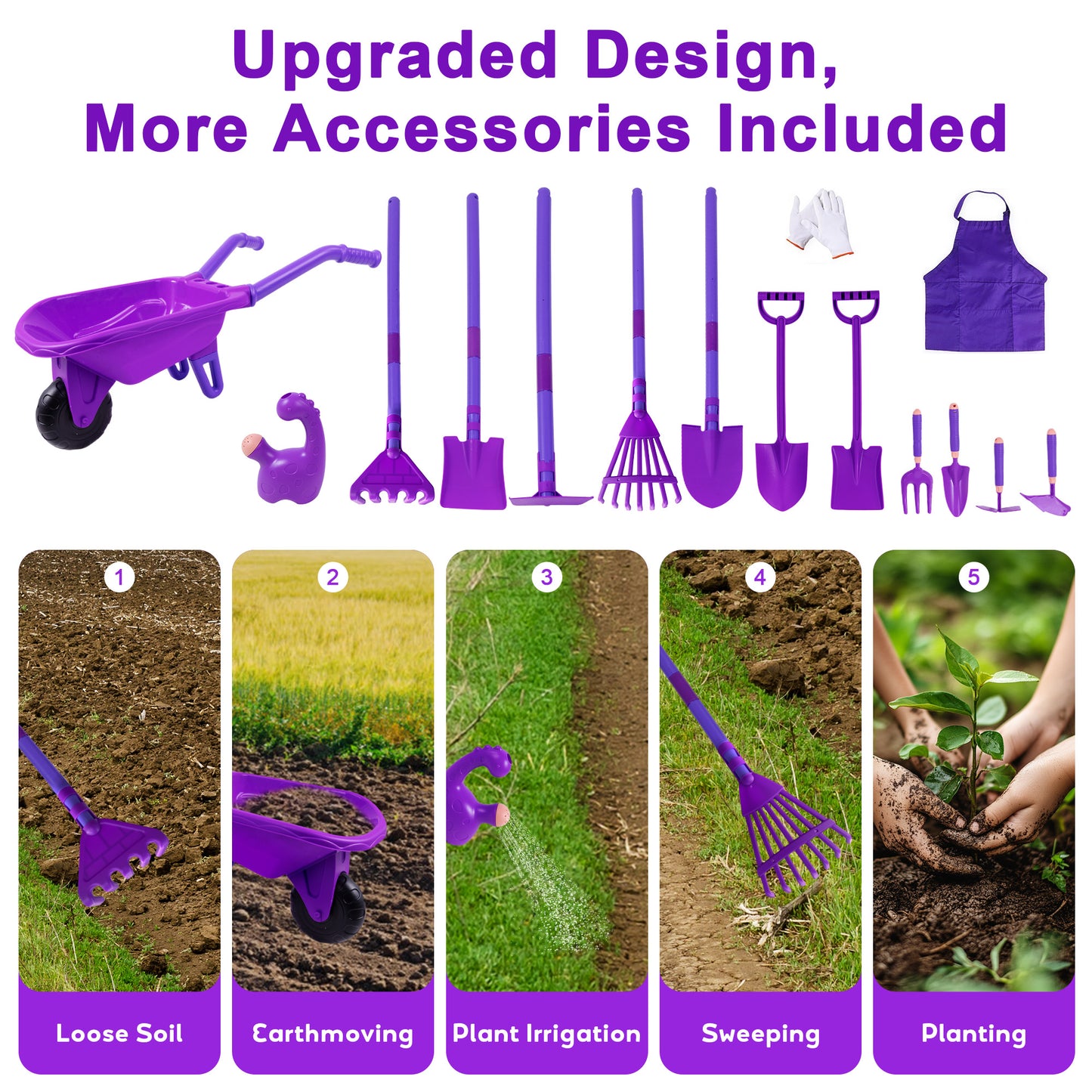 SaveJoy Kids Gardening Tools Set,Toddler Garden Outdoor Toys,Kids Wheelbarrow with Watering Can,Shovel,Rake,Hoe,outdoor toys for kids Age 4-8,Purple