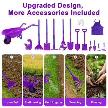 SaveJoy Kids Gardening Tools Set,Toddler Garden Outdoor Toys,Kids Wheelbarrow with Watering Can,Shovel,Rake,Hoe,outdoor toys for kids Age 4-8,Purle