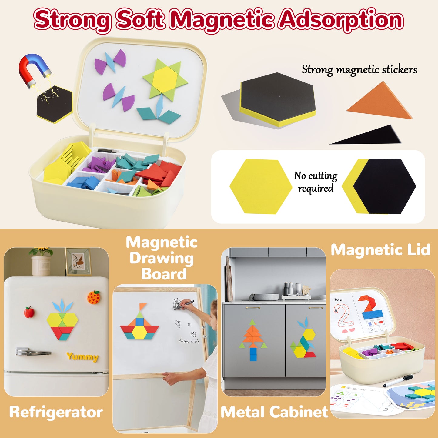 SaveJoy Magnetic Tangram Puzzle Learning Toys with Pen, 250PCS Montessori Pattern Blocks Set for Toddlers 4-8, Educational Stem Gift for Kids