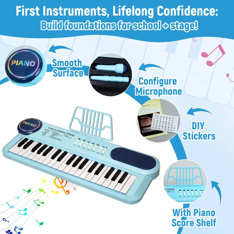 SaveJoy Blue Piano for 1-4 Year Old Kids, 37 Keys Electronic Keyboard Music Toy with Microphone & Stand, Portable Musical Gift for Toddlers