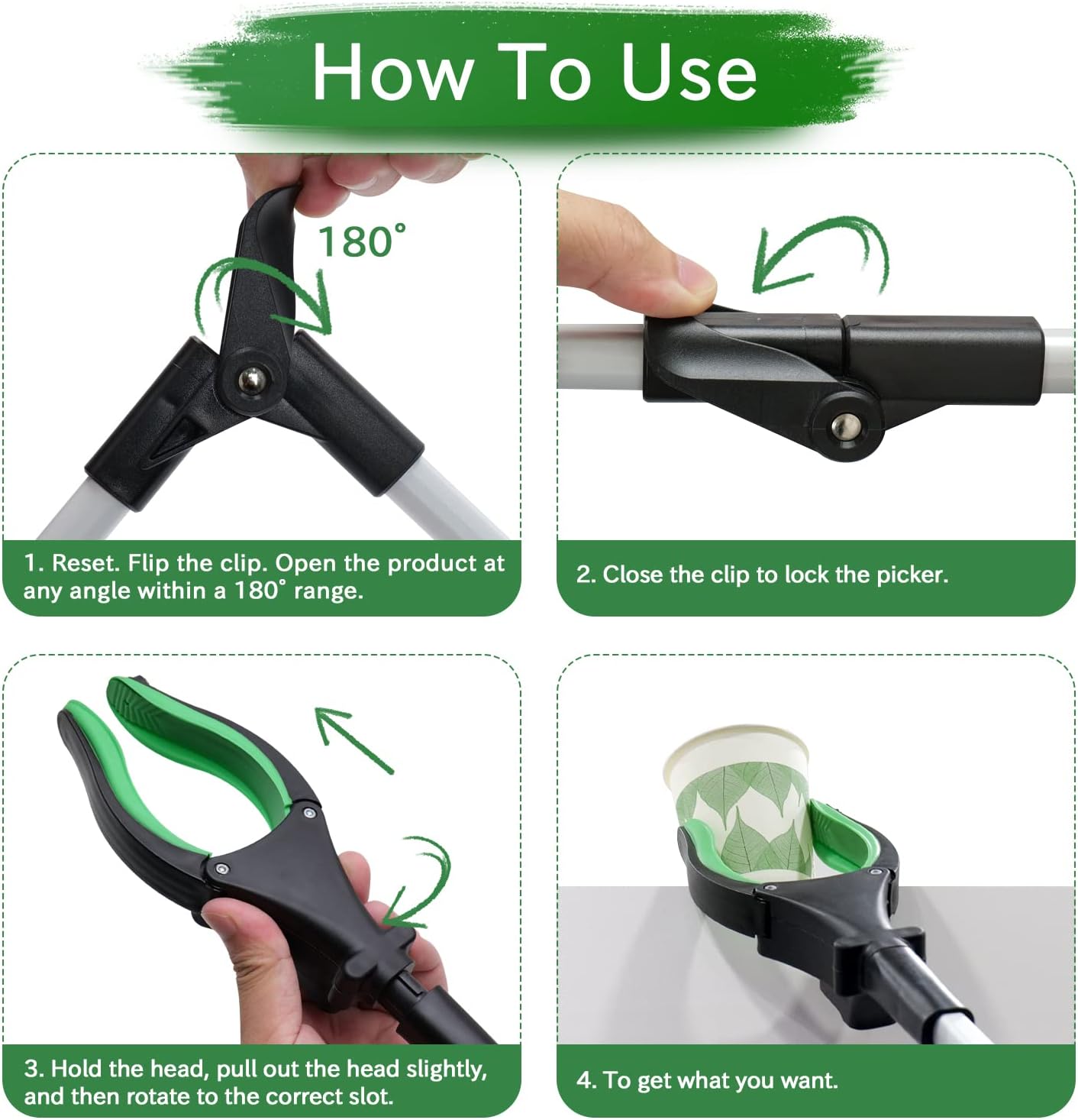 ORFELD Reacher Grabber Tool with Light, 32" Foldable Reacher Grabber ORFELD, Grab at 0-180° Folded Angle, Portable Heavy-Duty Trash Picker with Magnet, 90°Rotating, Lifting 5.5 Lbs