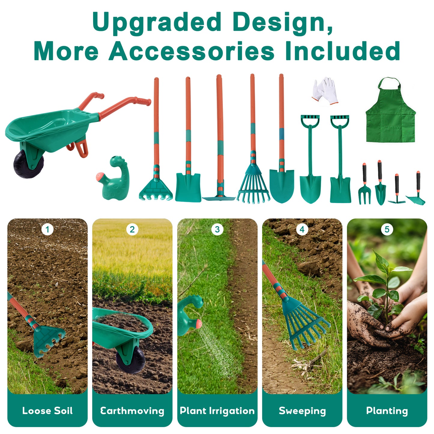 SaveJoy Kids Gardening Tools Set,Toddler Garden Outdoor Toys,Kids Wheelbarrow with Watering Can,Shovel,Rake,Hoe,outdoor toys for kids Age 4-8,Green