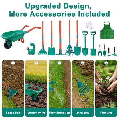 SaveJoy Kids Gardening Tools Set,Toddler Garden Outdoor Toys,Kids Wheelbarrow with Watering Can,Shovel,Rake,Hoe,outdoor toys for kids Age 4-8,Green