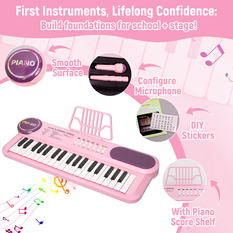SaveJoy Pink Piano for 1-4 Year Old Kids, 37 Keys Electronic Music Keyboard Toy with Microphone & Stand, Portable Musical Gift for Toddlers,Pink