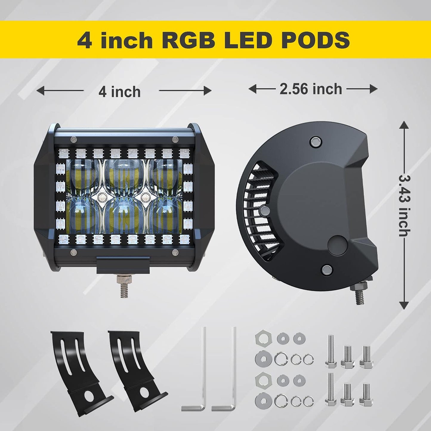 4" inch LED Pods Flood Work Light Bar with Multi-Color Chasing RGB Halo 16 Solid Colors Over 92 Flashing Modes Offroad Pods Lights LED Driving Lamp Fog Lights with Switch Wiring Harness