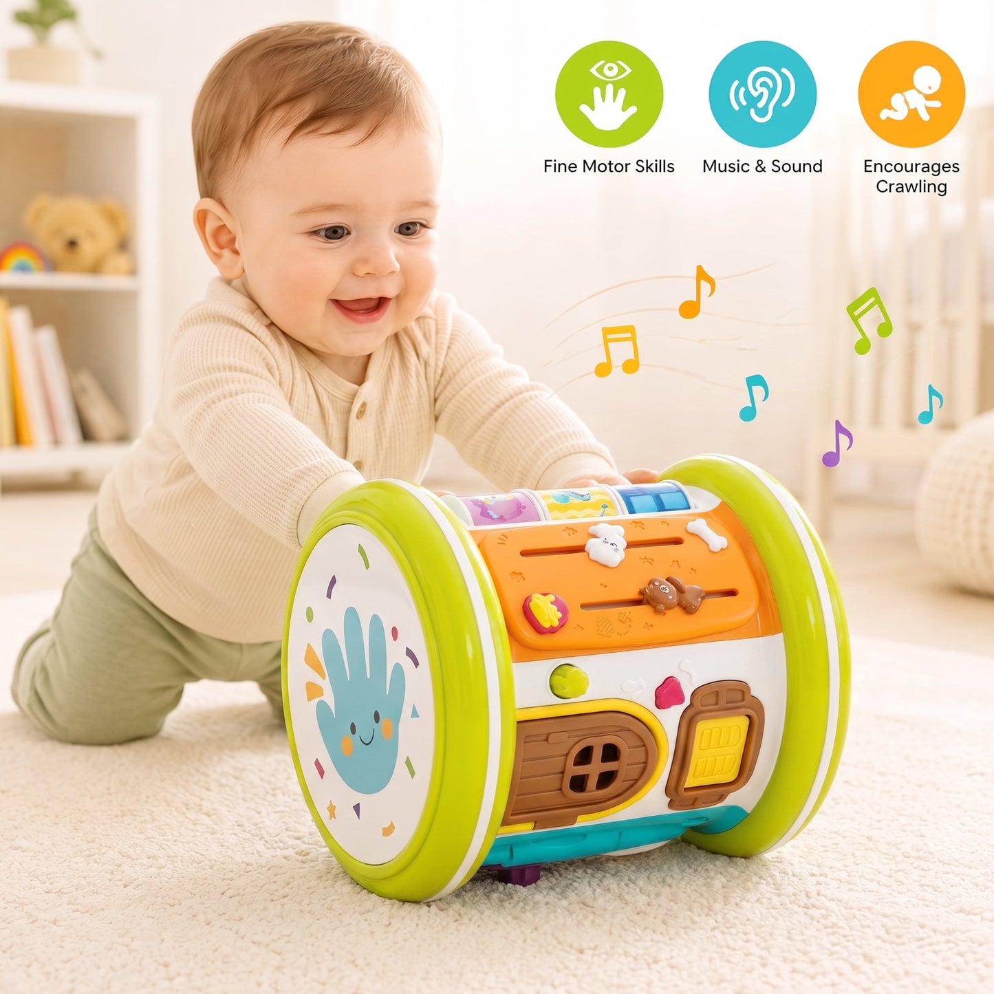 SaveJoy 6-in-1 Musical Activity Drum, Rolling Sensory Toy with Light-Up Hand Drum & Shape Sorter, Montessori Early Learning Gift for Toddlers 1-3