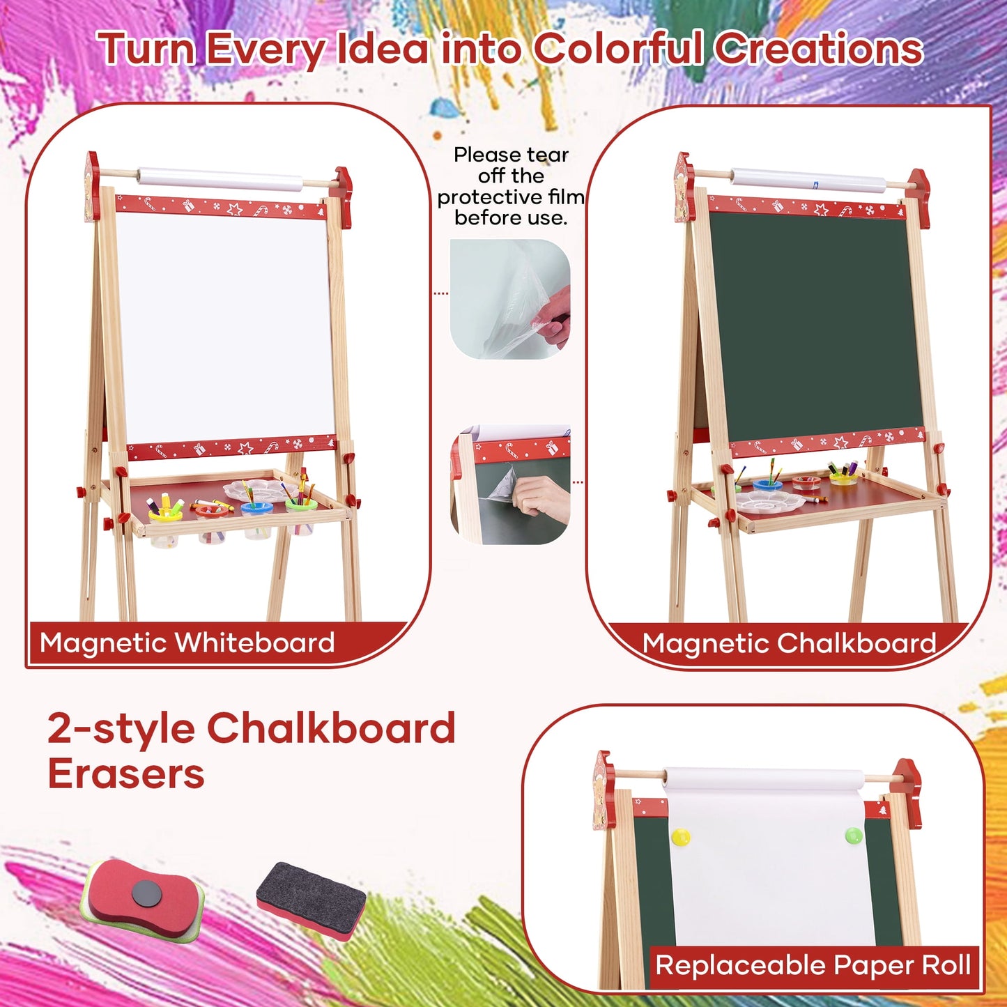 SaveJoy Kids Easel,Reindeer Adjustable Double-Sided Whiteboard,Wooden Toddlers Drawing Chalkboard with Paper & Art Supplies for 3-8 Boys Girls