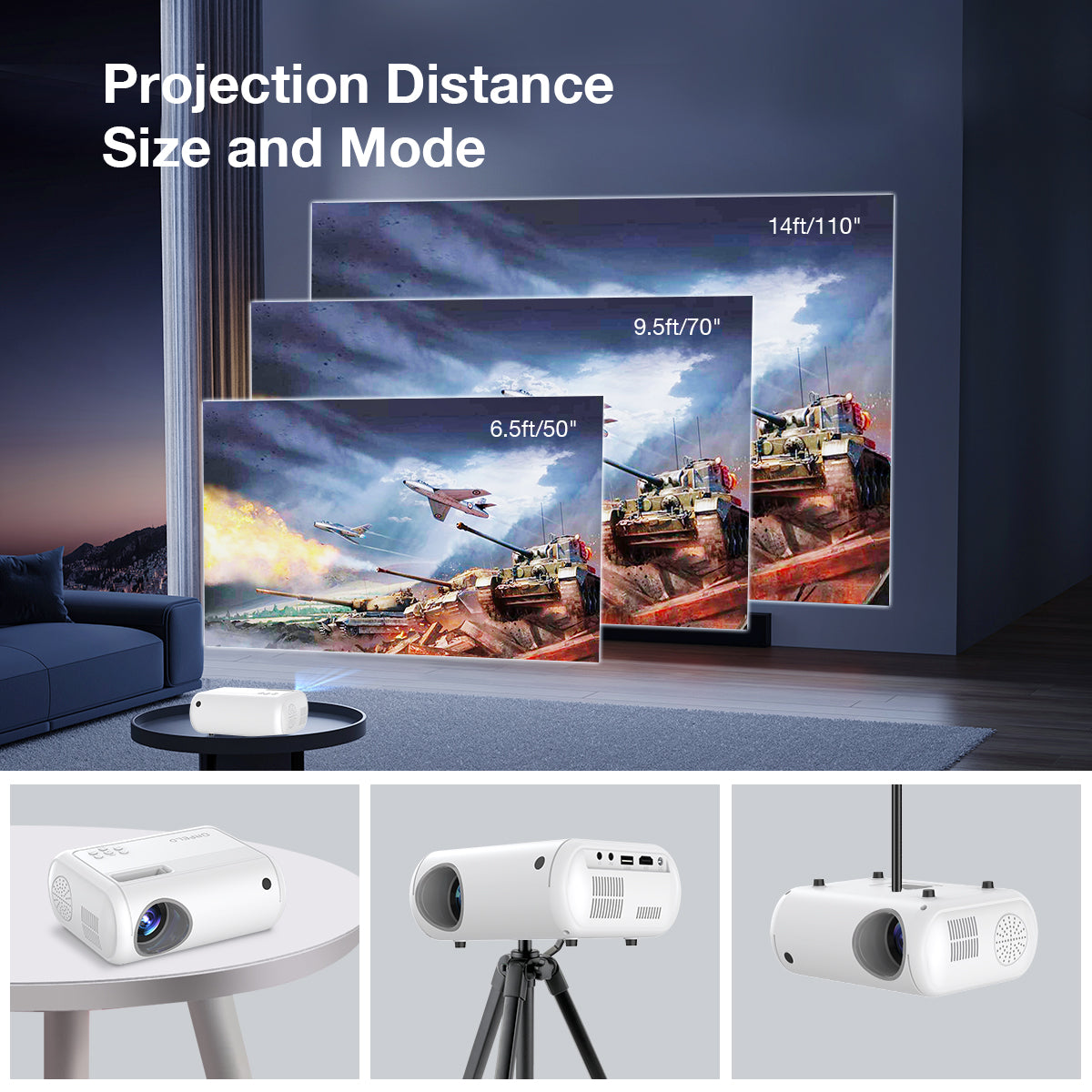 ORFELD Mini Projector, Native 1080P Outdoor Movie Projector, Led HDMI Projector, 9000 Lux x120"