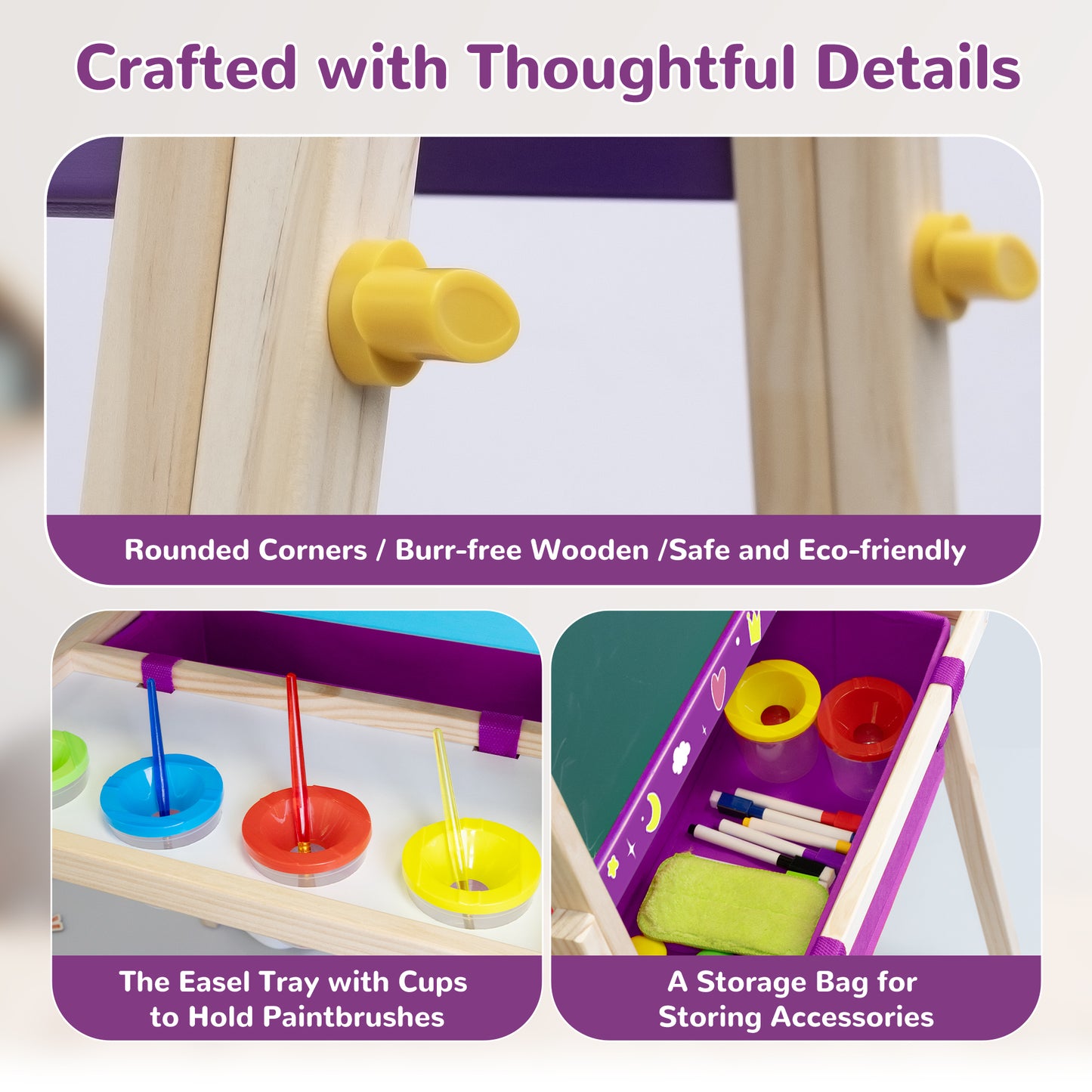 SaveJoy 3-in-1 Wooden Double Sided Kids Art Easel,Adjustable Standing Drawing Board with Accessories for Boys & Girls,Purple
