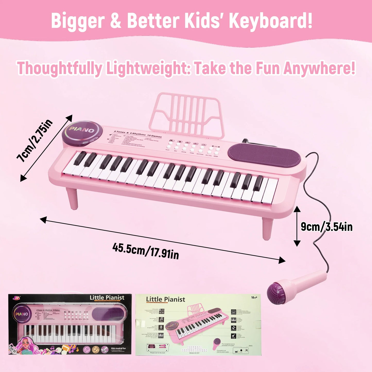 SaveJoy Pink Piano for 1-4 Year Old Kids, 37 Keys Electronic Music Keyboard Toy with Microphone & Stand, Portable Musical Gift for Toddlers,Pink