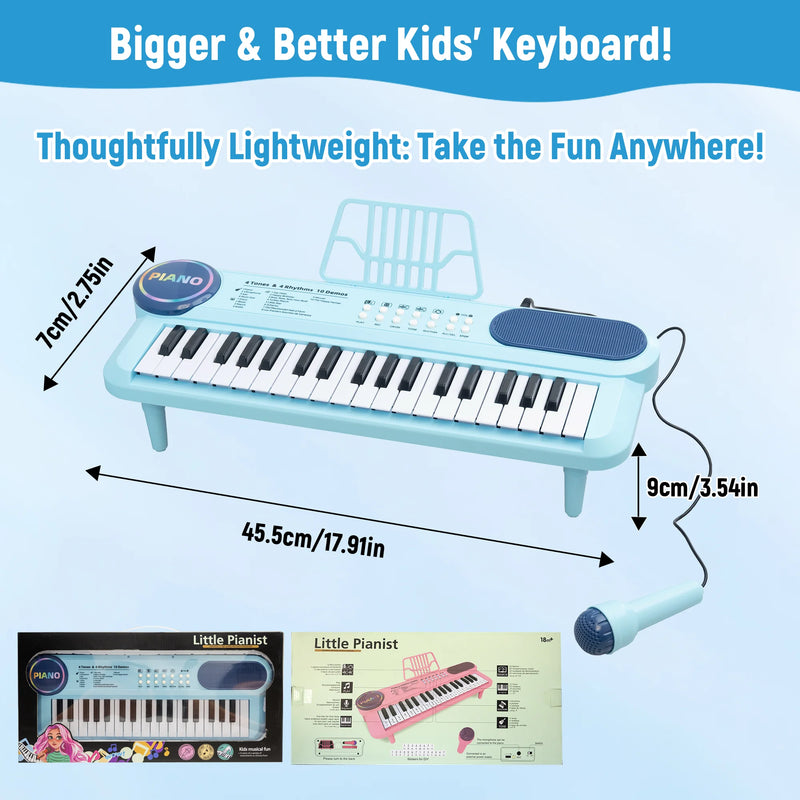 SaveJoy Blue Piano for 1-4 Year Old Kids, 37 Keys Electronic Keyboard Music Toy with Microphone & Stand, Portable Musical Gift for Toddlers
