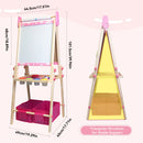 SaveJoy 3-in-1 Wooden Double Sided Kids Art Easel,Magnetic Whiteboard, Chalkboard and Paper Roll,Adjustable Standing Drawing Board with Accessories for Boys & Girls，Pink
