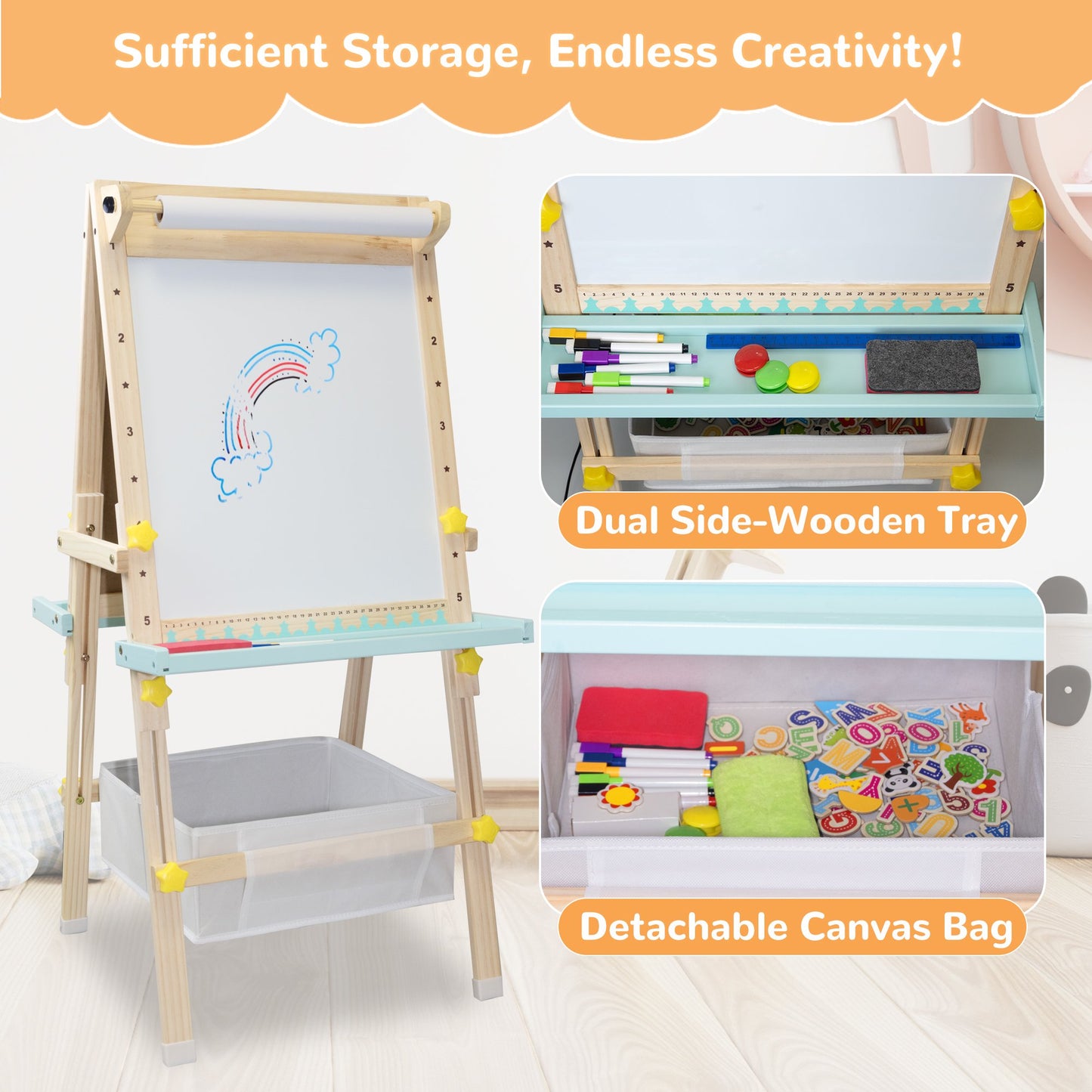 SaveJoy Kids Art Easel with Paper Roll，Double-Sided Adjustable Standing Drawing Board with Accessories for Toddlers