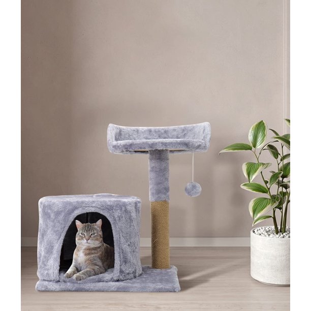 Cat Tree Tower with Plush, Cat Condo with Scratching Post for Small Cats L 20" x W 11.8" x H 17", Gray