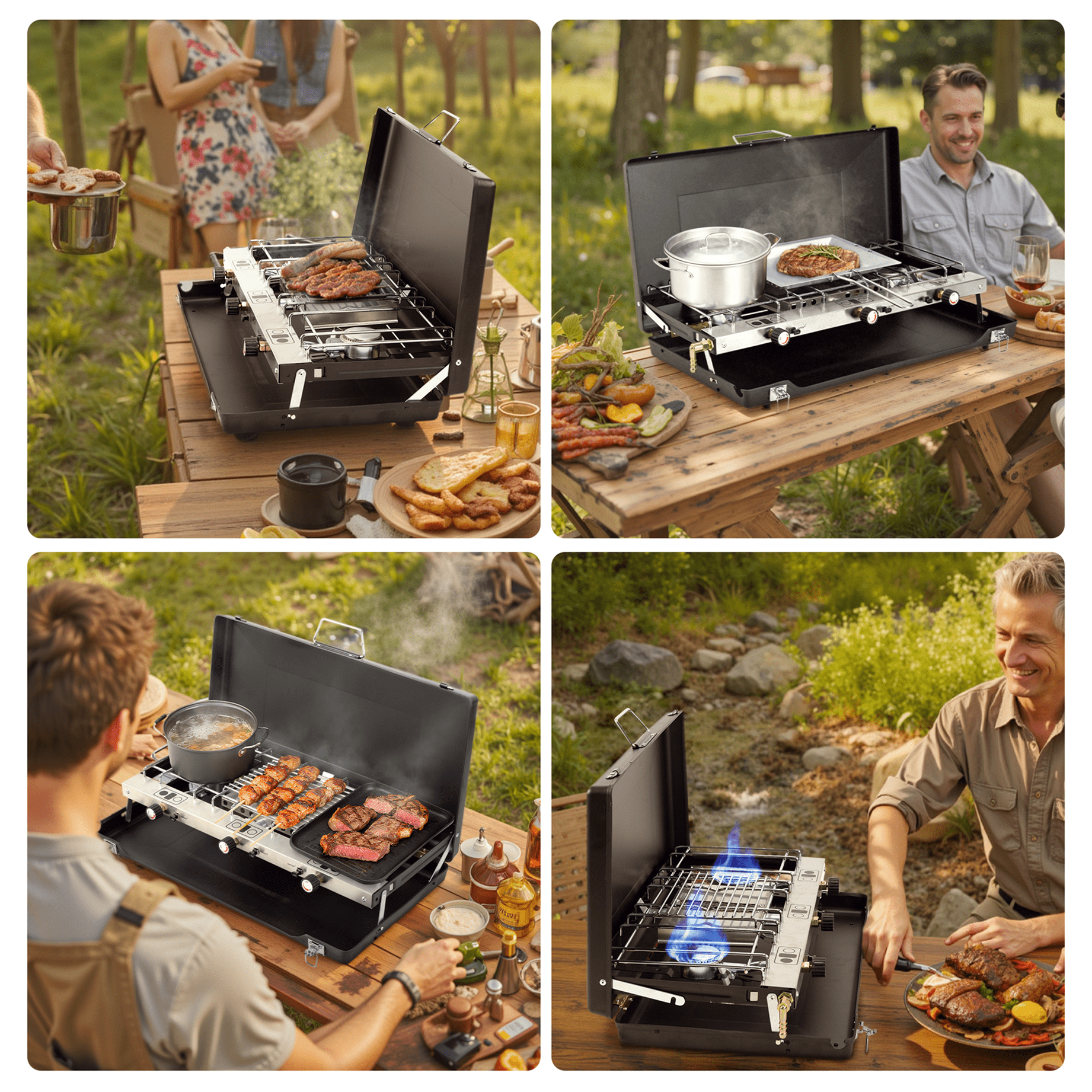 gas grill camping SaveJoy Gas Grill, 3 Burner Camping Stove Propane Cooker for Outdoor, Case BBQ Grill w/ Hose Tank Adapter