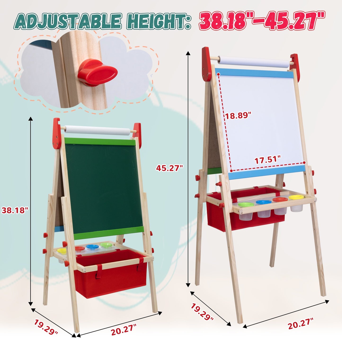 SaveJoy 3-in-1 Wooden Double Sided Kids Art Easel,Magnetic Whiteboard, Chalkboard and Paper Roll,Adjustable Standing Drawing Board with Accessories for Boys & Girls，Red