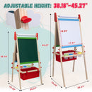 SaveJoy 3-in-1 Wooden Double Sided Kids Art Easel,Magnetic Whiteboard, Chalkboard and Paper Roll,Adjustable Standing Drawing Board with Accessories for Boys & Girls，Red