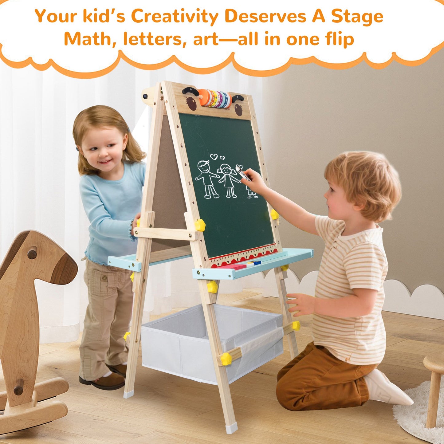 SaveJoy Kids Art Easel with Paper Roll，Double-Sided Adjustable Standing Drawing Board with Accessories for Toddlers