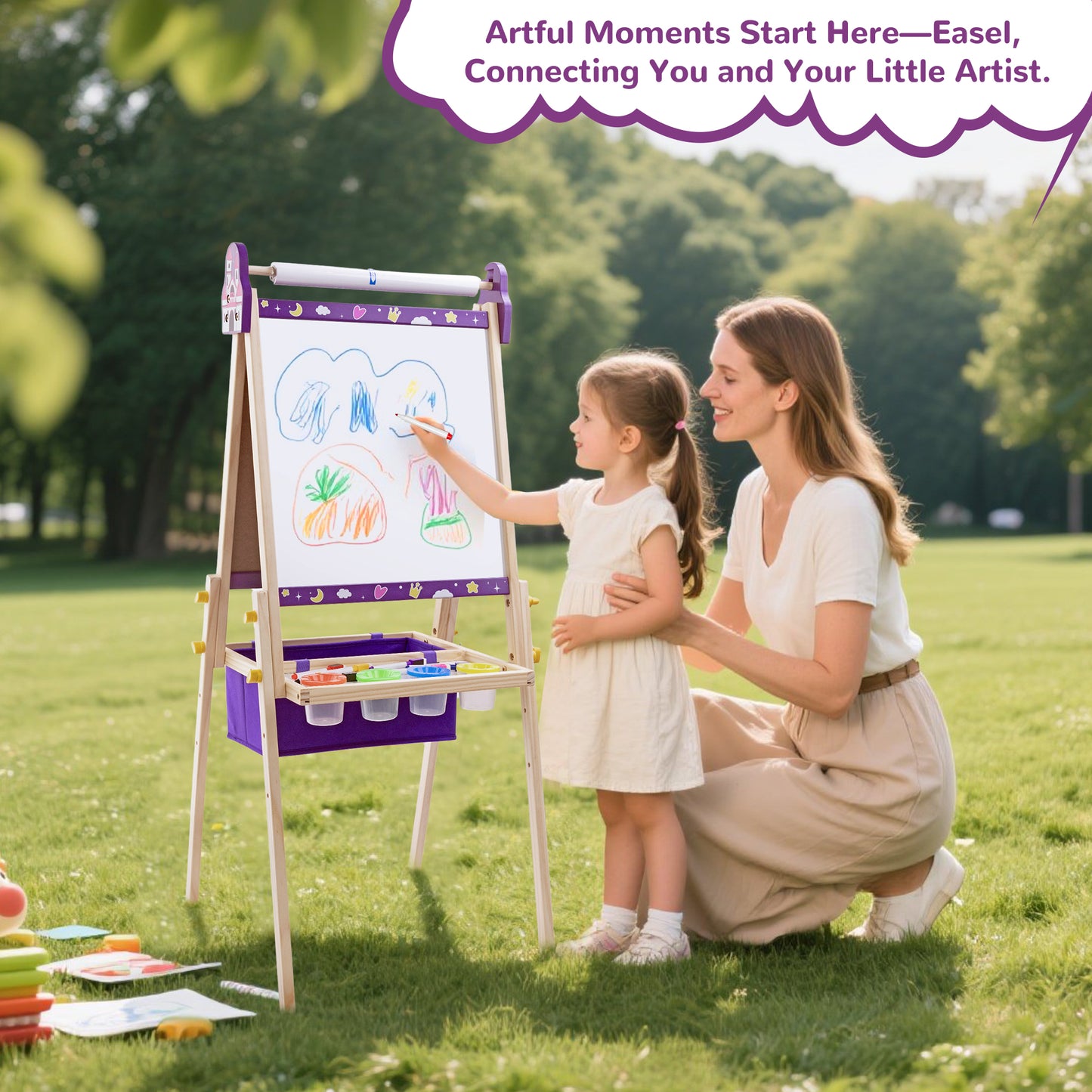 SaveJoy 3-in-1 Wooden Double Sided Kids Art Easel,Adjustable Standing Drawing Board with Accessories for Boys & Girls,Purple