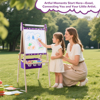 SaveJoy 3-in-1 Wooden Double Sided Kids Art Easel,Adjustable Standing Drawing Board with Accessories for Boys & Girls,Purple