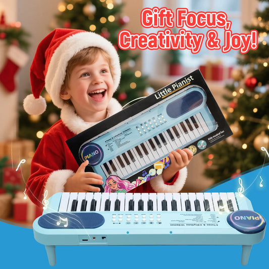 SaveJoy Blue Piano for 1-4 Year Old Kids, 37 Keys Electronic Keyboard Music Toy with Microphone & Stand, Portable Musical Gift for Toddlers