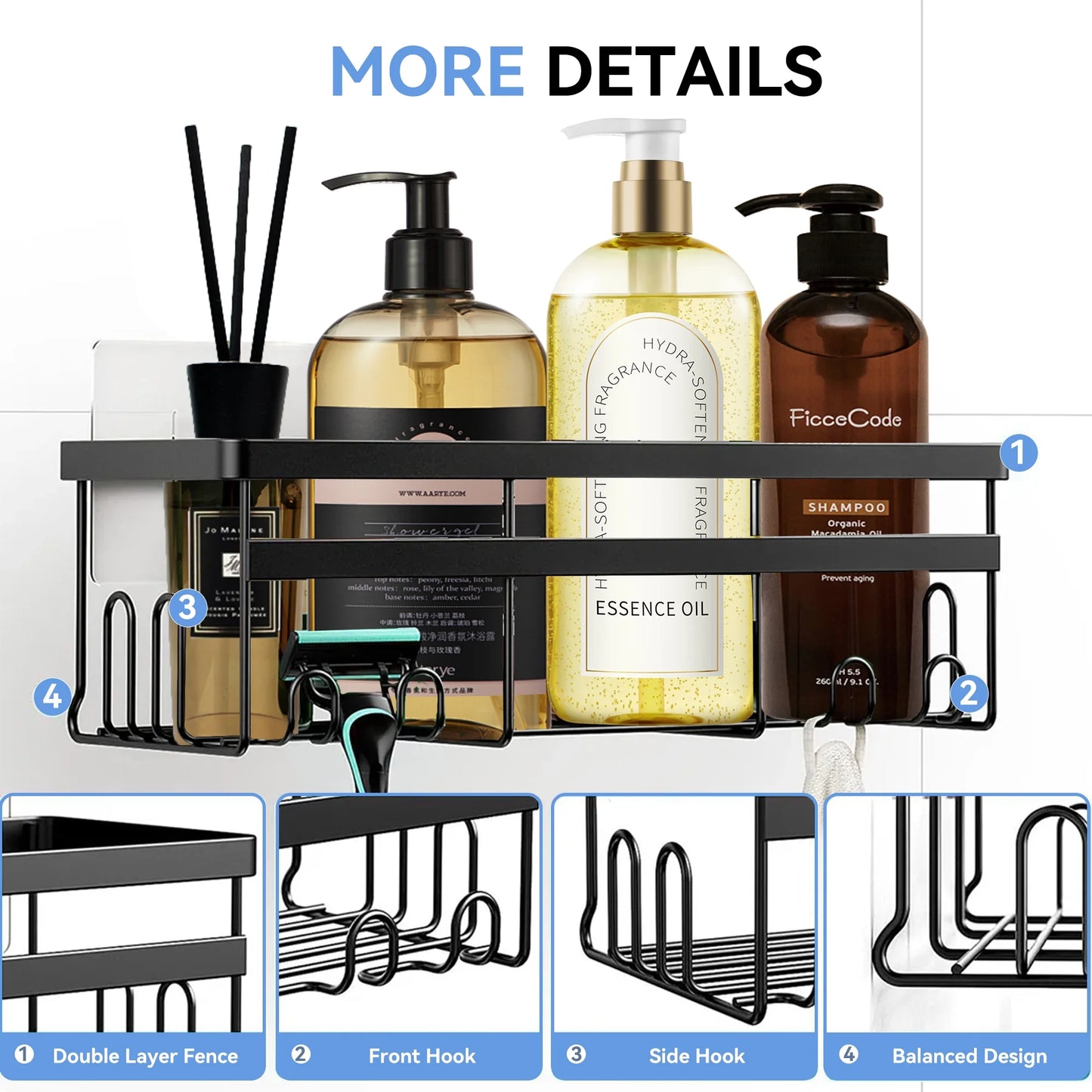 Orfeld 14 Pack Large Capacity Shower Caddy with 4 Hooks, Rustproof Bathroom Organizers for Inside Shower,No Drilling for Bathroom Storage,Rack black