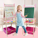 SaveJoy 3-in-1 Wooden Double Sided Kids Art Easel,Magnetic Whiteboard, Chalkboard and Paper Roll,Adjustable Standing Drawing Board with Accessories for Boys & Girls，Pink