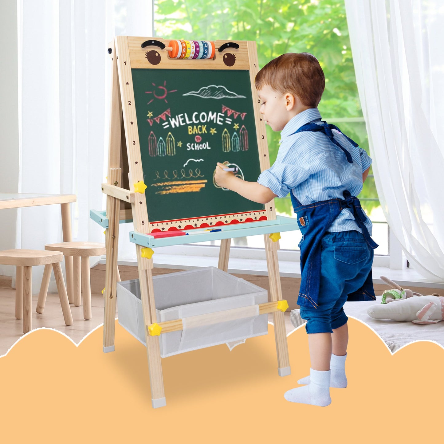 SaveJoy Kids Art Easel with Paper Roll，Double-Sided Adjustable Standing Drawing Board with Accessories for Toddlers