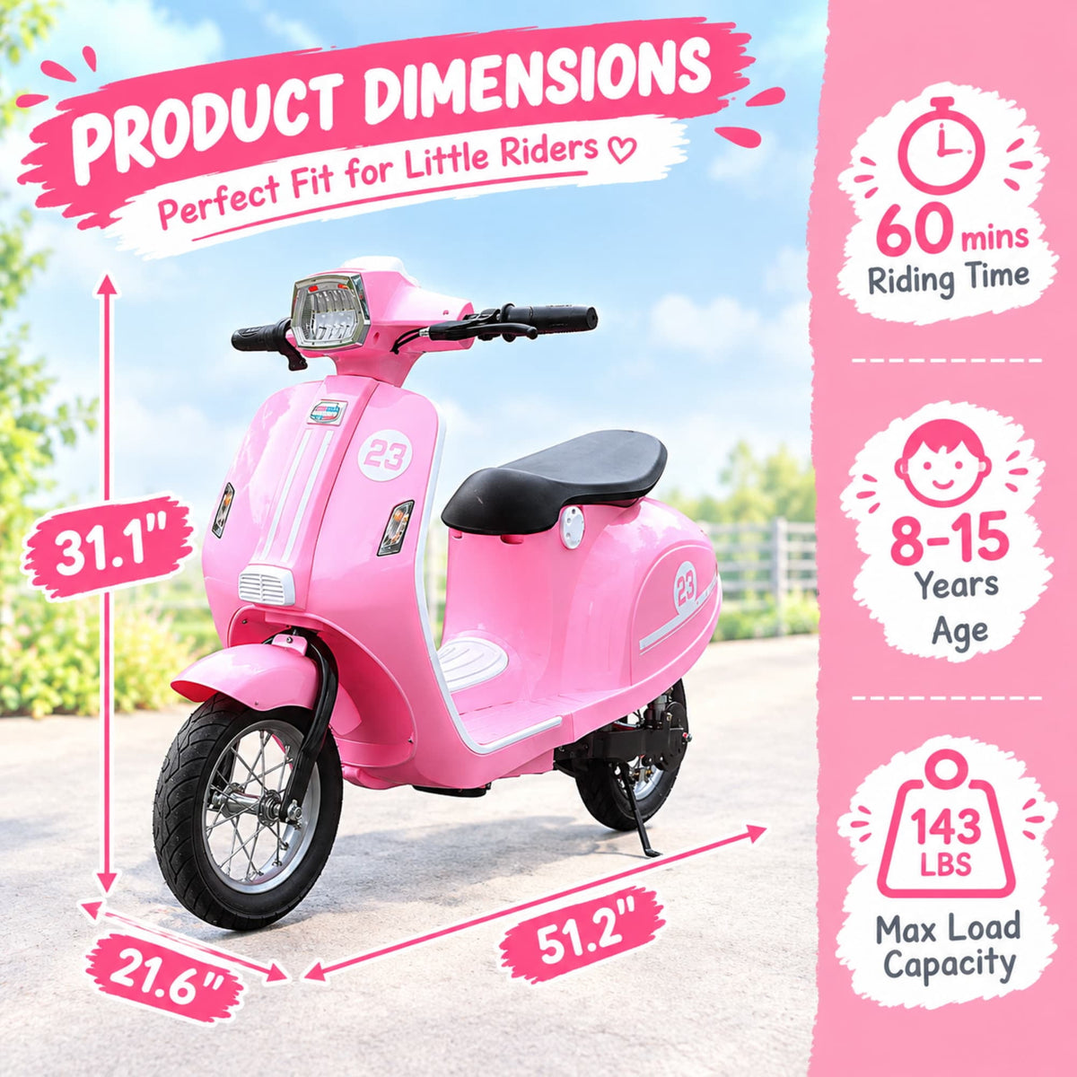 SaveJoy Kids Motorcycle 24V Retro Ride on Toys for Ages 8+, 15 mph LED Light up Electric Ride On Car,Durable Outdoor Gift for Boys & Girls,Pink