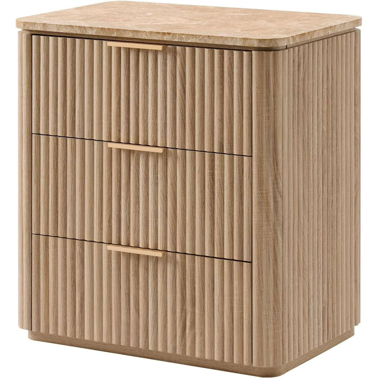 Hvoonc Fluted Nightstand with 3 Drawers, Solid Wood & Faux Marble Bedside Table, Modern Accent Furniture for Bedroom, Natural Oak