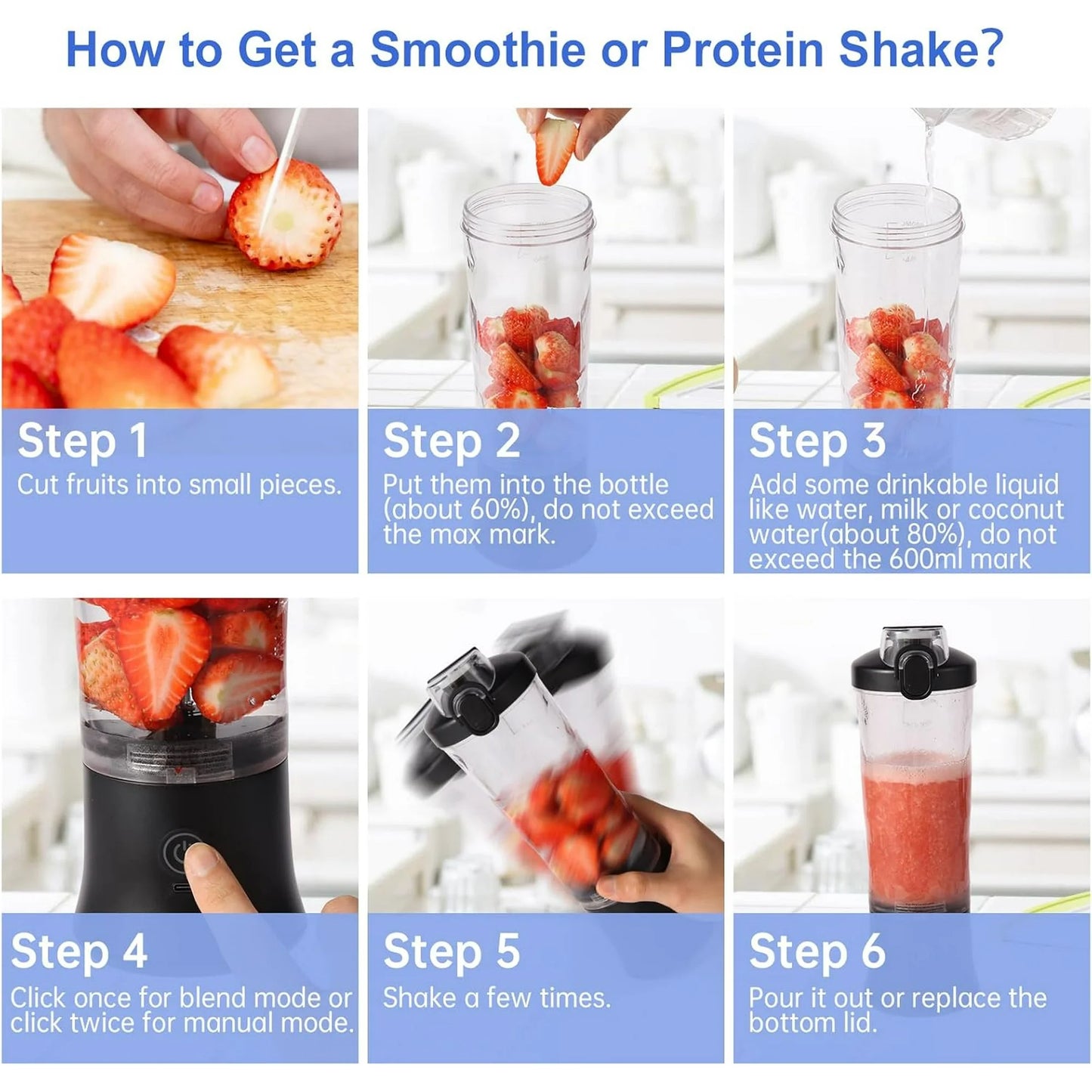 ORFELD Personal Portable Blender, Small Kitchen Appliances Blender Cup for Shakes and Smoothies Rechargeable Shaker Bottle, 20oz