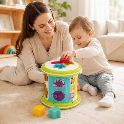 SaveJoy 6-in-1 Musical Activity Drum, Rolling Sensory Toy with Light-Up Hand Drum & Shape Sorter, Montessori Early Learning Gift for Toddlers 1-3