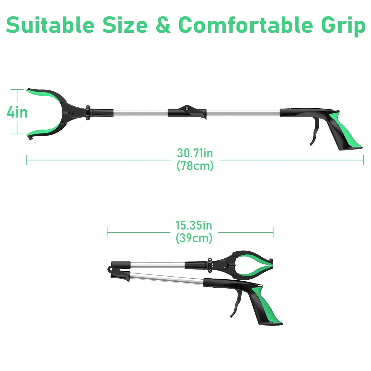 ORFELD Grabber Tool 32" Steel Magnetic Claw with LED Light, Lightweight Foldable Reacher Grabber Pickup Tool, Gripper Grabbers for Elderly Grab it Reaching Tool Trash Picker Grabber, Green