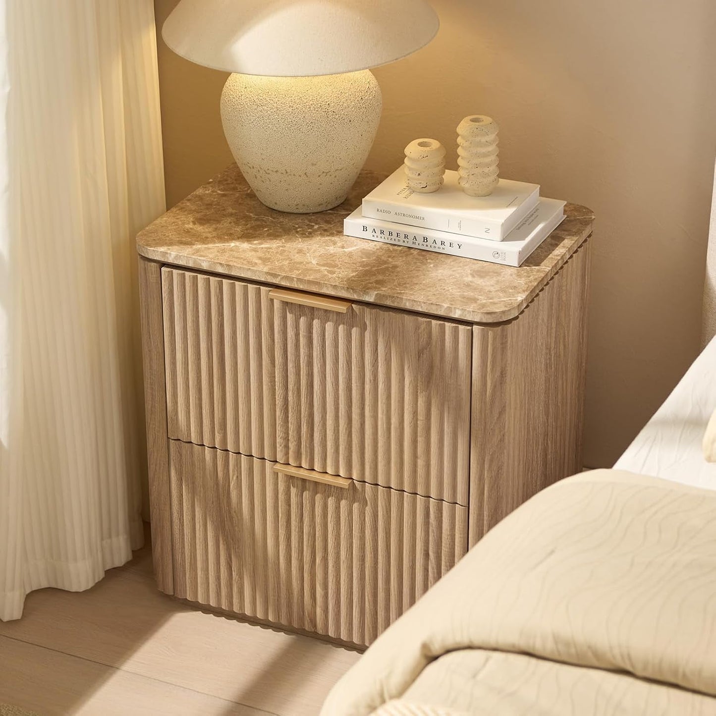 Hvoonc Fluted Nightstand with 2 Drawers, Solid Wood & Faux Marble Bedside Table, Modern Accent Furniture for Bedroom, Natural Oak