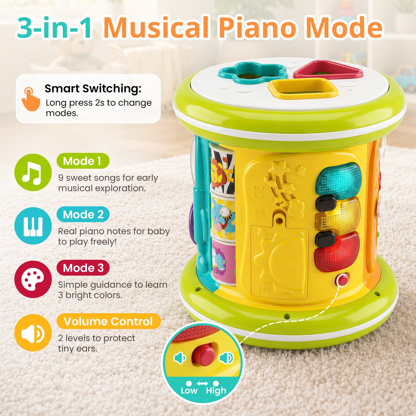 SaveJoy 6-in-1 Musical Activity Drum, Rolling Sensory Toy with Light-Up Hand Drum & Shape Sorter, Montessori Early Learning Gift for Toddlers 1-3