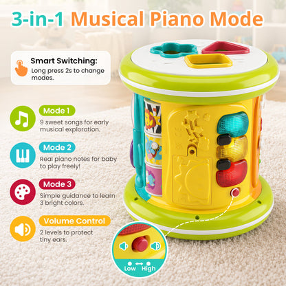 SaveJoy 6-in-1 Musical Activity Drum, Rolling Sensory Toy with Light-Up Hand Drum & Shape Sorter, Montessori Early Learning Gift for Toddlers 1-3