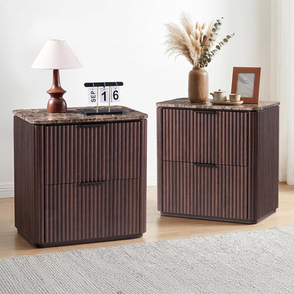 24" Tall 2 Drawer Fluted Walnut Nightstands for Bedroom Set of 2, Faux Marble Top Gold Handles Bedside Table Modern Furniture