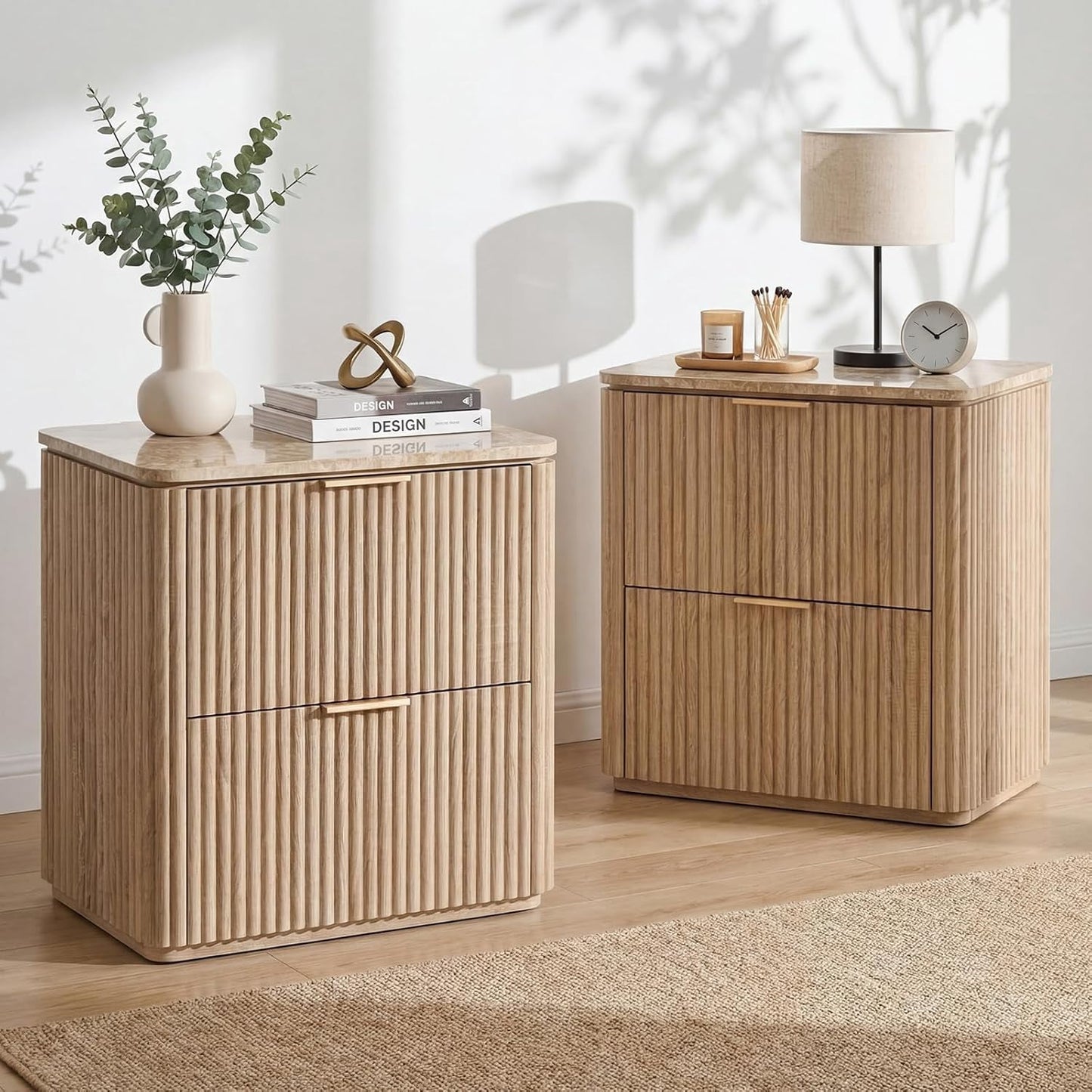 24" Tall Fluted 2 Drawer Bedside Table Set of 2, Oak Nightstand with Faux Marble Top Gold Handles for Bedroom Storage