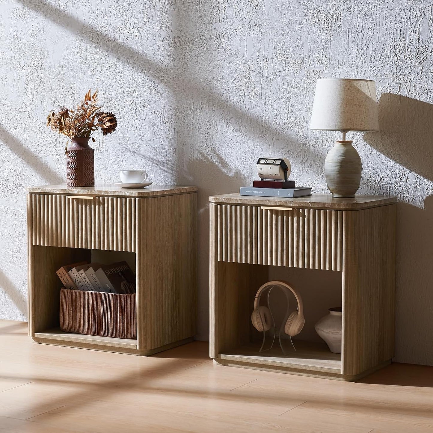 24" Tall Oak End Tables Living Room Set of 2, Fluted Wood Nightstands with Drawer and Faux Marble Top for Small Space