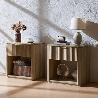 24" Tall Oak End Tables Living Room Set of 2, Fluted Wood Nightstands with Drawer and Faux Marble Top for Small Space