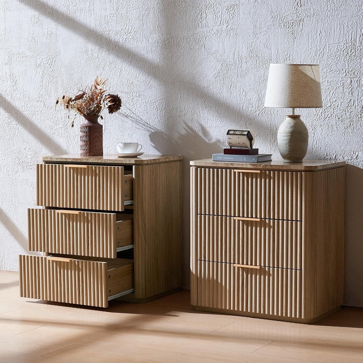 25.3" Tall Fluted Nightstands Set of 2 with Faux Marble Top, 3 Large Drawer 18"Dx11.8"W, Oak Bedside Table for Bedroom