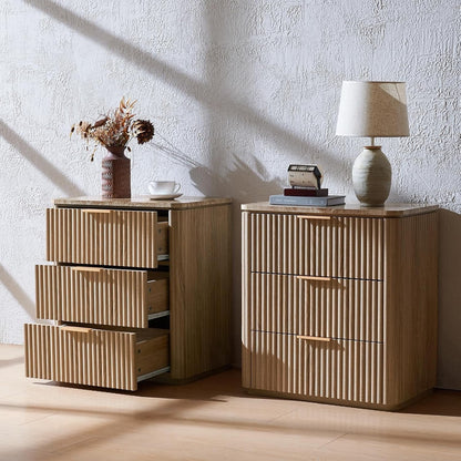 25.3" Tall Fluted Nightstands Set of 2 with Faux Marble Top, 3 Large Drawer 18"Dx11.8"W, Oak Bedside Table for Bedroom