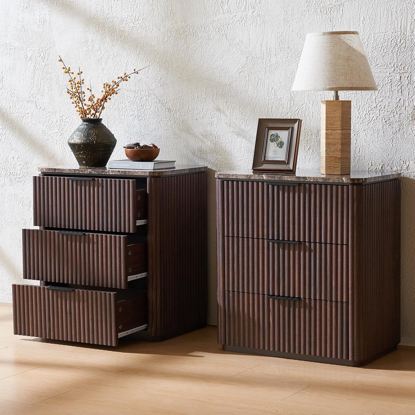 25.3" Tall Set of 2 Modern Fluted Nightstands, 2in Thicker Walnut 3 Drawer Bedside Tables, Faux Marble Top and Rounded Corners