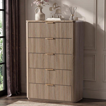 5 Drawer 46" Tall Dresser with Faux Marble Top, Fluted Oak Chest of Drawers for Bedroom Small Spaces