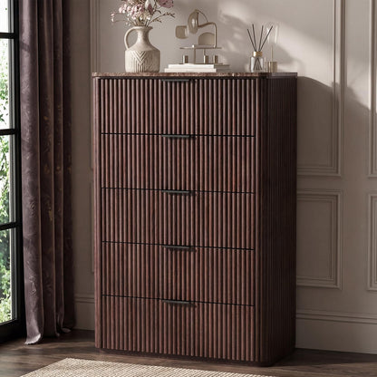 5 Drawer 46" Tall Dressers for Bedroom, Walnut Chest of Drawers with Faux Marble Top for Living Room Storage