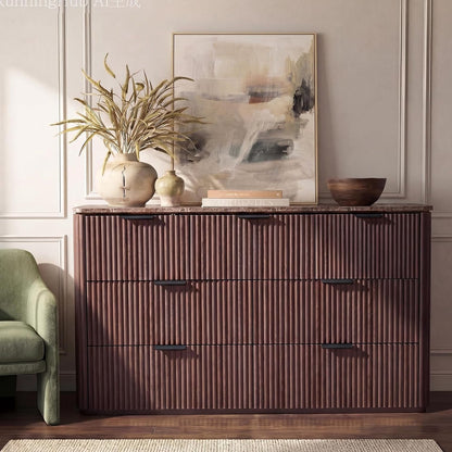 54.5" Wide 7 Drawer Dresser for Bedroom, Faux Marble Top Walnut Storage Cabinet with 2" Thick Side Board